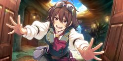 Rule 34 | 1girl, ahoge, belt, belt pouch, brown hair, character request, dutch angle, game cg, goggles, goggles on head, hair between eyes, highres, kouya no kotobuki hikoutai, lamp, long hair, long sleeves, non-web source, official art, open mouth, opening door, pants, pouch, red eyes, red neckwear, shirt, solo, striped clothes, striped pants, teeth, vertical-striped clothes, vertical-striped pants, vest, white shirt