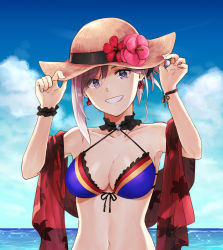 Rule 34 | 1girl, asymmetrical hair, bikini, blue eyes, breasts, buttery (zzzbutterzzz), cleavage, collarbone, day, earrings, fate/grand order, fate (series), flower, hair ornament, hat, hat flower, hat ribbon, hibiscus, highres, jewelry, large breasts, leaf print, looking at viewer, miyamoto musashi (fate), navel, ocean, outdoors, pink hair, ponytail, red flower, ribbon, solo, straw hat, swimsuit