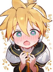 1boy black_sailor_collar blonde_hair blue_eyes blush dot_nose flustered hair_between_eyes headset heart heart-shaped_pupils high_ponytail kagamine_len looking_at_viewer male_focus marui_shiro open_mouth sailor_collar short_hair short_ponytail short_sleeves simple_background solo symbol-shaped_pupils translation_request upper_body vocaloid white_background yellow_nails