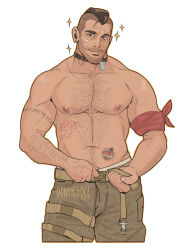 Rule 34 | 1boy, absurdres, arm hair, arm tattoo, armband, bara, belt, black choker, black hair, brown belt, brown pants, call of duty, call of duty: modern warfare 2, chest hair, choker, closed mouth, dilfborne (ventiskull), facial hair, highres, jewelry, large pectorals, looking at viewer, male focus, muscular, muscular male, navel, necklace, nipples, pants, pectorals, red armband, short hair, simple background, smile, soap (modern warfare 2), solo, tattoo, white background