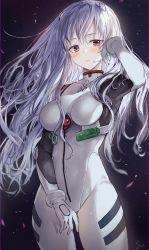 Rule 34 | 1girl, alternate hair length, alternate hairstyle, ayanami rei, blush, breasts, closed mouth, commentary request, evangelion: 3.0+1.0 thrice upon a time, hand up, highres, long hair, looking at viewer, medium breasts, neon genesis evangelion, plugsuit, rebuild of evangelion, red eyes, saya (mychristian2), solo, standing, white hair