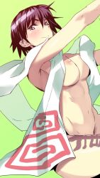 Rule 34 | 1girl, armpits, black eyes, breasts, commentary request, green background, hagoromo, hair between eyes, highres, houshin engi, kaw194, large breasts, leg tattoo, looking at viewer, naked shawl, nipples, nude, ou kijin, shawl, short hair, simple background, smile, solo, tattoo