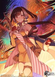 Rule 34 | 1girl, ahoge, american flag, anchor hair ornament, azur lane, bare shoulders, breasts, brown hair, commentary, fireworks, flag, gloves, hair ornament, hairband, half gloves, highres, independence (azur lane), jewelry, large breasts, long hair, low ponytail, official art, orange sekaii, pleated skirt, red eyes, red gloves, sideboob, skirt, solo, very long hair