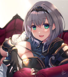 Rule 34 | 1girl, aqua eyes, arm guards, armor, black gloves, blush, braid, breasts, cleavage, couch, diadem, fingerless gloves, fukai ryosuke, gloves, grey hair, hair between eyes, highres, hololive, large breasts, looking at viewer, lying, mole, mole on breast, on side, open mouth, pauldrons, puffy sleeves, shirogane noel, shirogane noel (1st costume), short hair, shoulder armor, side braid, single pauldron, smile, solo, virtual youtuber