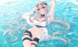 Rule 34 | 1girl, arknights, arms behind head, arms up, bare shoulders, black shorts, commentary, cowboy shot, crop top, dutou, eyewear on head, hair between eyes, head tilt, highres, long hair, looking at viewer, midriff, navel, off-shoulder shirt, off shoulder, official alternate costume, parted lips, petals, petals on liquid, red eyes, shirt, short shorts, short sleeves, shorts, silver hair, skadi (arknights), skadi (waverider) (arknights), solo, stomach, sunglasses, thigh strap, thighs, very long hair, water, white shirt