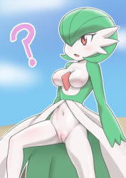 Rule 34 | 1girl, ?, antiair, blue background, blue sky, blush, bottomless, breasts, cloud, colored skin, creatures (company), day, female focus, game freak, gardevoir, gen 3 pokemon, green hair, green skin, hair over one eye, medium breasts, multicolored skin, navel, nintendo, no nipples, open mouth, outdoors, outline, pokemon, pokemon (creature), pussy, red eyes, short hair, sky, solo, spread legs, standing, two-tone skin, uncensored, white outline, white skin