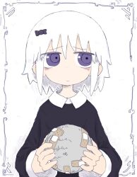 Rule 34 | 1girl, bags under eyes, ball, bandaid, black bow, black shirt, bow, closed mouth, collared shirt, furrowed brow, hair bow, highres, holding, holding ball, light frown, long sleeves, looking to the side, nervous, original, outside border, purple eyes, raised eyebrows, ringed eyes, shirt, solo, torosakana, upper body, white background, white hair