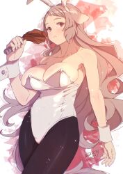 Rule 34 | 1girl, animal ears, bare shoulders, black pantyhose, breasts, chicken (food), chicken leg, cleavage, closed mouth, collarbone, cowboy shot, dated, dog ears, dog girl, eating, fake animal ears, food, grey hair, hanging breasts, highleg, highleg leotard, highres, holding, holding food, kiyo (a sam ko), large breasts, leotard, long hair, mushoku tensei, pantyhose, playboy bunny, pursena adoldia, rabbit ears, red eyes, signature, solo, strapless, strapless leotard, undersized breast cup, very long hair, white leotard, white wrist cuffs, wrist cuffs