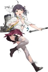 Rule 34 | 1girl, ahoge, black hair, blouse, boots, bow, bowtie, bra, breasts, cleavage, cross-laced footwear, fujikawa, full body, grey thighhighs, hair ribbon, hayanami (kancolle), kantai collection, lace-up boots, leg ribbon, long sleeves, machinery, official art, panties, ponytail, ribbon, school uniform, shirt, short hair, side-tie panties, smokestack, solo, standing, standing on one leg, striped clothes, striped panties, thigh ribbon, thighhighs, torn clothes, transparent background, underwear, white shirt, yellow eyes