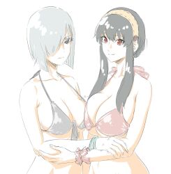 Rule 34 | 2girls, asymmetrical docking, bare shoulders, bikini, black hair, blank stare, blunt ends, bob cut, breast press, breasts, cleavage, colored eyelashes, earrings, empty eyes, expressionless, fiona frost, hair over one eye, hairband, highres, jewelry, large breasts, long hair, mitsugu, multiple girls, red eyes, short hair, sidelocks, smile, spy x family, swimsuit, white hair, yor briar