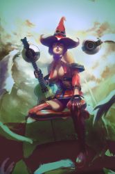 Rule 34 | 1girl, boots, breasts, christian angel, cleavage, dress, fingerless gloves, gloves, guilty gear, guilty gear xrd, guitar, hat, highres, i-no, instrument, large breasts, latex, latex dress, o-ring, o-ring top, red dress, red thighhighs, short dress, thigh boots, thighhighs, witch hat
