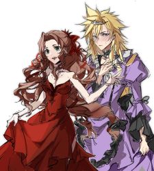 Rule 34 | 1boy, 1girl, aerith gainsborough, blonde hair, blue eyes, blush, bracelet, breasts, brown hair, choker, cleavage, cloud strife, crossdressing, dress, final fantasy, final fantasy vii, final fantasy vii remake, flower, frilled dress, frills, gree, hair flower, hair ornament, hair ribbon, hand to own chest, highres, jewelry, lay92378283, lon, medium breasts, necklace, official alternate costume, open mouth, parted bangs, puffy sleeves, purple dress, red dress, red flower, red ribbon, ribbon, sidelocks, smile, spiked hair, square enix, upper body, wall market, wavy hair, white background