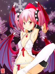 Rule 34 | 10s, 1girl, :d, alternate costume, ani (aniya), armpits, arms up, babydoll, bad id, bad pixiv id, blush, collar, demon girl, flat chest, garter belt, head wings, highres, kaname madoka, looking at viewer, mahou shoujo madoka magica, mahou shoujo madoka magica (anime), navel, open mouth, parted lips, pink hair, short hair, short twintails, smile, snowflakes, solo, thighhighs, twintails, white thighhighs, wings