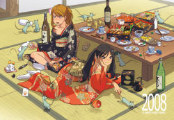Rule 34 | 00s, 2008, 2girls, alcohol, food, japanese clothes, kimono, mebae, mouse (animal), multiple girls, new year, sake, tabi