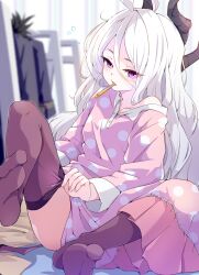 Rule 34 | 1girl, ass, black horns, black thighhighs, blue archive, blush, breasts, demon horns, highres, hina (blue archive), hina (pajamas) (blue archive), horns, indoors, long hair, long sleeves, looking at viewer, mosuke1221, multiple horns, official alternate costume, pajamas, pink pajamas, polka dot, polka dot pajamas, purple eyes, small breasts, solo, squeans, thighhighs, toes, white hair