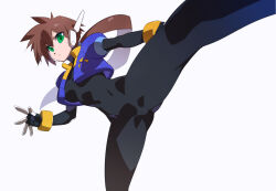 Rule 34 | 1girl, aile (mega man zx), black bodysuit, blue jacket, bodysuit, bodysuit under clothes, breasts, brown hair, commentary request, cropped jacket, feet out of frame, high kick, jacket, kaidou zx, kicking, leg up, long hair, mega man (series), mega man zx, mega man zx advent, no pants, open clothes, open jacket, outstretched leg, ponytail, robot ears, short sleeves, simple background, small breasts, solo, white background