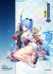 Rule 34 | 1girl, alternate hairstyle, black ribbon, blue hair, blue kimono, blush, breasts, character name, damaged, floral print, folding fan, full body, girls&#039; frontline, gun, hair ribbon, hand fan, highres, holding, holding gun, holding weapon, injury, japanese clothes, kimono, large breasts, light machine gun, long hair, looking at viewer, m249, m249 saw (girls&#039; frontline), m249 saw (oborozukiyo) (girls&#039; frontline), machine gun, obi, official alternate costume, official art, one eye closed, paper fan, ponytail, ribbon, sandals, sash, sheska xue, shoes, single shoe, solo, swept bangs, torn clothes, uchiwa, very long hair, weapon, weapon on back, yellow eyes