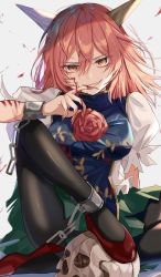 Rule 34 | 1girl, black pantyhose, blood, chain, cuffs, evil smile, fingernails, flower, green skirt, grin, horns, ibaraki douji&#039;s arm, ibaraki kasen, oni, oni horns, pantyhose, pink eyes, pink flower, pink hair, pink rose, puffy short sleeves, puffy sleeves, red footwear, rose, satoupote, scratches, shackles, sharp fingernails, short hair, short sleeves, simple background, skirt, slit pupils, smile, solo, spoilers, tabard, touhou, white background, wild and horned hermit
