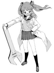 Rule 34 | 1girl, :d, akitsuki itsuki, bow, buttons, coat, double-breasted, full body, greyscale, hair bow, hand on own hip, long sleeves, looking at viewer, miniskirt, monochrome, open mouth, original, pleated skirt, sailor collar, school uniform, semi-rimless eyewear, serafuku, shirt, shoes, simple background, skirt, smile, socks, solo, twintails, under-rim eyewear, white background, wrench