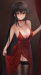 Rule 34 | 1girl, absurdres, azur lane, black hair, black panties, breasts, brown thighhighs, choker, cleavage, cocktail dress, cowboy shot, dress, evening gown, highres, lace, lace-trimmed legwear, lace trim, large breasts, long hair, looking at viewer, official alternate costume, panties, pantyshot, realdriedfish, red choker, red eyes, skirt hold, sleeveless, sleeveless dress, solo, standing, taihou (azur lane), taihou (forbidden feast) (azur lane), thighhighs, underwear, very long hair