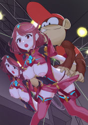 Rule 34 | 1boy, 1girl, :o, absurdres, armor, ass grab, bestiality, blush, bodysuit, breasts, breasts out, ceiling light, clothes pull, crossover, diddy kong, donkey kong (series), donkey kong country, highres, large breasts, livestream, molestation, monkey, nintendo, open mouth, pyra (xenoblade), rape, red hair, red thighhighs, screen, sexually suggestive, shorts, shorts pull, super smash bros., teeth, thighhighs, torn bodysuit, torn clothes, upper teeth only, xenoblade chronicles (series), xenoblade chronicles 2