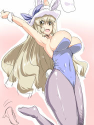 Rule 34 | 1girl, bare shoulders, blonde hair, breasts, cameltoe, cleavage, female focus, futaba suetsuki, grey pantyhose, hat, huge breasts, leotard, long hair, open mouth, pantyhose, playboy bunny, smile, solo, touhou, watatsuki no toyohime, yellow eyes