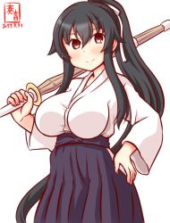 Rule 34 | alternate costume, artist logo, black hair, black hakama, breasts, commentary request, cowboy shot, dated, dougi, hakama, hand on own hip, japanese clothes, kanon (kurogane knights), kantai collection, kendo, large breasts, long hair, one-hour drawing challenge, ponytail, red eyes, scrunchie, shinai, sidelocks, simple background, sword, weapon, white background, wooden sword, yahagi (kancolle)