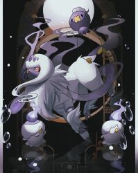 Rule 34 | absol, amputee, black background, black sclera, body fur, candle, colored sclera, creatures (company), disembodied hand, double amputee, drifloon, fire, full moon, game freak, gen 3 pokemon, gen 4 pokemon, gen 5 pokemon, highres, litwick, looking up, moon, nintendo, pokemon, pokemon (creature), purple fire, red eyes, reflection, reo (mmocc123), white fur, yellow eyes