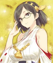 Rule 34 | 10s, 1girl, bare shoulders, black eyes, black hair, breasts, detached sleeves, female focus, glasses, gradient background, green-framed eyewear, hairband, headgear, japanese clothes, kantai collection, kawata hisashi, kirishima (kancolle), large breasts, nontraditional miko, short hair, smile, solo, upper body
