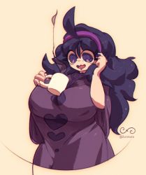 Rule 34 | 1girl, @ @, ahoge, alternate breast size, artist name, beige background, breasts, cowboy shot, creatures (company), cup, diadem, dress, drooling, eyelashes, game freak, hex maniac (pokemon), highres, holding, holding cup, huge breasts, long hair, matching hair/eyes, nintendo, no nose, pokemon, pokemon xy, purple eyes, purple hair, shiny clothes, smile, solo, standing, taut clothes, taut dress, wavy mouth, zurasuta