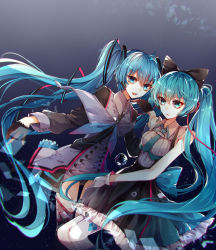 Rule 34 | 2girls, :d, absurdres, aqua eyes, aqua hair, aqua necktie, bad id, bad pixiv id, baocaizi, bare shoulders, black bow, black gloves, bow, bubble, dress, dual persona, gloves, hair bow, hair ornament, hatsune miku, highres, long hair, looking at another, looking at viewer, magical mirai (vocaloid), magical mirai miku, magical mirai miku (2015), magical mirai miku (2016), multiple girls, necktie, open mouth, smile, twintails, very long hair, vocaloid, white gloves