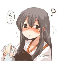 Rule 34 | 10s, 1girl, ?, akagi (kancolle), bad id, bad twitter id, black eyes, blush, brown hair, hair between eyes, kantai collection, long hair, lowres, open mouth, rebecca (keinelove), solo