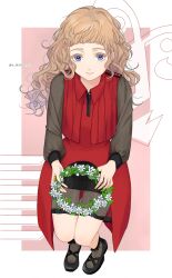 Rule 34 | 1girl, brown hair, closed mouth, eyelashes, flower, gnosia, grey eyes, hair between eyes, head wreath, highres, kukrushka (gnosia), long hair, long sleeves, looking at viewer, shirt, simple background, smile, solo, upper body, user cmws8222, wavy hair, white background
