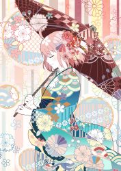 Rule 34 | 1girl, ahoge, closed eyes, fate/grand order, fate (series), floral background, floral print, flower, hair flower, hair ornament, highres, japanese clothes, kimono, mosucchi, oil-paper umbrella, okita souji (fate), okita souji (koha-ace), pink hair, profile, smile, solo, umbrella, wide sleeves