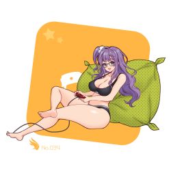 Rule 34 | 1girl, barefoot, blue eyes, breasts, cleavage, controller, feet, full body, game controller, gremlin (last origin), large breasts, last origin, long hair, looking at viewer, one side up, open mouth, purple hair, smile, solo, sports bikini, toriseru (rare stone)