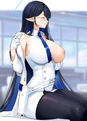 Rule 34 | 1girl, absurdres, belt, black hair, black pantyhose, blue archive, blue hair, blue necktie, blurry, blurry background, blush, breasts, closed mouth, collared dress, colored inner hair, commentary, cromwellb, dress, glasses, gloves, half gloves, highres, holster, holstered, huge breasts, indoors, jacket, lactation, long hair, long sleeves, multicolored hair, necktie, nipples, no bra, off shoulder, one breast out, pantyhose, pointy ears, rin (blue archive), sitting, sleeveless, sleeveless dress, solo, undressing, very long hair, white belt, white dress, white gloves, white jacket