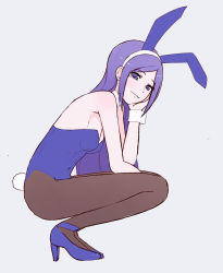 Rule 34 | 00s, 1girl, animal ears, aono miki, blush, breasts, detached collar, fake animal ears, fresh precure!, from side, hairband, head rest, high heels, leotard, long hair, looking at viewer, pantyhose, playboy bunny, precure, purple eyes, purple hair, rabbit ears, rabbit tail, simple background, small breasts, smile, solo, squatting, tail, unpale, wrist cuffs