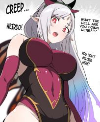 Rule 34 | 1girl, bags under eyes, bare shoulders, breasts, butterfly wings, crown of thorns, elbow gloves, facial mark, fire emblem, fire emblem heroes, forehead mark, from below, gloves, grey hair, highres, insect wings, large breasts, leotard, long hair, multicolored hair, multicolored wings, nintendo, open mouth, parted bangs, plant hair, plumeria (fire emblem), pointy ears, ponytail, purple hair, red eyes, red gloves, solo, tavi (hosheezus), teeth, upper teeth only, wings