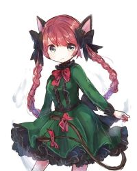 Rule 34 | 1girl, animal ears, braid, cat ears, cat tail, kaenbyou rin, long hair, looking at viewer, mochiko (m0chi0103), mochiko (mocchikkoo), multicolored eyes, red hair, ribbon, ribbon trim, skirt, solo, tail, tail ornament, tail ribbon, touhou, twin braids, very long hair, white background