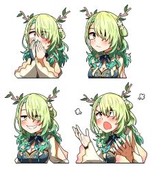 Rule 34 | 1girl, antlers, blue dress, breasts, capelet, ceres fauna, ceres fauna (1st costume), chibi, chibi only, commentary, ddolbang, dress, empty eyes, english commentary, expressions, flower, gradient hair, green hair, grin, hair flower, hair ornament, highres, hololive, hololive english, horns, large breasts, long hair, mole, mole under eye, multicolored hair, multiple views, puff of air, simple background, smile, upper body, virtual youtuber, white background, white capelet, yellow eyes