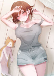 Rule 34 | 1girl, aketa mikoto, alternate costume, blush, breasts, brown eyes, brown hair, calico, cat, grey shorts, grey tank top, highres, idolmaster, idolmaster shiny colors, large breasts, looking at viewer, lying, on back, shorts, solo, ssrg srrg, tank top, wooden floor