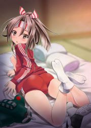 Rule 34 | 10s, 1girl, :o, aircraft, airplane, ass, bare legs, blush, breasts, brown eyes, brown hair, buruma, clothes lift, feet, headband, jacket, kanoe (gallery walhalla), kantai collection, looking at viewer, lying, nipples, no shoes, on stomach, ponytail, shirt lift, short hair, small breasts, socks, soles, solo, stuffed toy, tabi, track jacket, white socks, zuihou (kancolle)