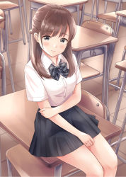 Rule 34 | 1girl, arm grab, black bow, black skirt, blurry, blurry background, blush, bow, breasts, brown hair, chair, closed mouth, collared shirt, commentary request, depth of field, desk, diagonal-striped bow, dress shirt, feet out of frame, grey eyes, highres, indoors, long hair, looking at viewer, on desk, original, pleated skirt, school chair, school desk, school uniform, shirt, short sleeves, sitting, on desk, skirt, small breasts, solo, tile floor, tiles, white shirt, yukimaru217