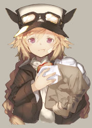 Rule 34 | 1girl, :t, bag, black hat, blonde hair, blush, braid, brown jacket, burger, closed mouth, eating, food, goggles, goggles on headwear, grey background, hair between eyes, hat, holding, holding bag, holding food, jacket, long hair, long sleeves, low twintails, open clothes, open jacket, original, paper bag, peaked cap, red eyes, shiromiso, shirt, simple background, solo, twin braids, twintails, upper body, very long hair, white shirt