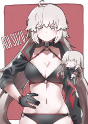 Rule 34 | 1girl, absurdres, ahoge, aoi suzu, artist name, bad id, bad pixiv id, bikini, black bikini, black choker, black gloves, black jacket, breasts, chibi, choker, cleavage, commentary request, cowboy shot, cropped jacket, fate/grand order, fate (series), gloves, hair between eyes, highres, jacket, jeanne d&#039;arc alter (swimsuit berserker) (fate), jeanne d&#039;arc (fate), jeanne d&#039;arc alter (fate), jeanne d&#039;arc alter (swimsuit berserker) (fate), katana, large breasts, long hair, looking at viewer, navel, o-ring, o-ring bottom, o-ring top, shrug (clothing), silver hair, swimsuit, sword, thigh strap, weapon, yellow eyes