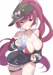 Rule 34 | 1girl, anchor symbol, arrow through heart, baseball cap, bikini, black hat, black jacket, blush, breasts, cleavage, commentary, cowboy shot, cup, drinking, drinking straw, earrings, emoji, eyewear on headwear, hair between eyes, half-closed eye, halterneck, hat, heart, heart-shaped eyewear, heart earrings, heart necklace, heterochromia, highres, holding, holding cup, hololive, houshou marine, houshou marine (summer), jacket, jewelry, large breasts, long hair, long sleeves, looking at viewer, necklace, o-ring, o-ring thigh strap, off shoulder, official alternate costume, partially unzipped, plaid, pleading face emoji, ponytail, red bikini, red eyes, red hair, short shorts, shorts, simple background, single earring, skindentation, solo, string bikini, swimsuit, taraneko miso, thigh gap, thigh strap, thighs, two-sided fabric, two-sided jacket, virtual youtuber, wet, white background, white shorts, yellow eyes