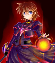 Rule 34 | 1girl, adapted costume, blue eyes, brown hair, dress, energy ball, fingerless gloves, gao (naodayo), gloves, highres, holding, looking at viewer, luciferion, lyrical nanoha, mahou shoujo lyrical nanoha innocent, stern the destructor, purple dress, short hair, solo, stern starks