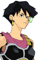 Rule 34 | 1girl, bare shoulders, black eyes, black hair, breasts, chest armor, closed mouth, dangle earrings, dragon ball, dragonball z, earrings, from side, hair between eyes, isaacchief300, jewelry, looking to the side, pink tank top, saiyan armor, scouter, seripa, short hair, simple background, small breasts, solo, tank top, unmoving pattern, upper body, white background