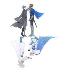 2boys absurdres alternate_costume arm_out_of_sleeve arm_up armor armored_gloves belt belt_buckle black_belt black_coat black_footwear black_gloves black_shirt blonde_hair blue_cape blue_hair boots buckle byleth_(fire_emblem) byleth_(male)_(fire_emblem) cape coat collared_cape commentary_request dimitri_alexandre_blaiddyd eyepatch fire_emblem fire_emblem:_three_houses floating_cape floating_clothes flower_wreath fur-trimmed_cape fur_trim garreg_mach_monastery_uniform gauntlets gloves greaves highres kneeling looking_at_another male_focus mizuno_(iori-amu) multiple_boys multiple_views mystical_high_collar nintendo official_alternate_costume one_eye_closed open_mouth pauldrons robe school_uniform shirt short_hair shoulder_armor standing sword weapon white_armor white_background white_cape white_fur white_robe