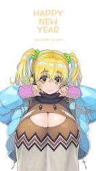 Rule 34 | 1girl, 2019, blonde hair, blush, boar, breasts, center opening, chinese zodiac, cleavage, cleavage cutout, clothing cutout, happy new year, headphones, highres, huge breasts, large breasts, looking at viewer, meme attire, nengajou, new year, nitroplus, open-chest sweater, orange eyes, plump, smile, solo, super pochaco, sweater, tsuji santa, turtleneck, twintails, upper body, year of the pig